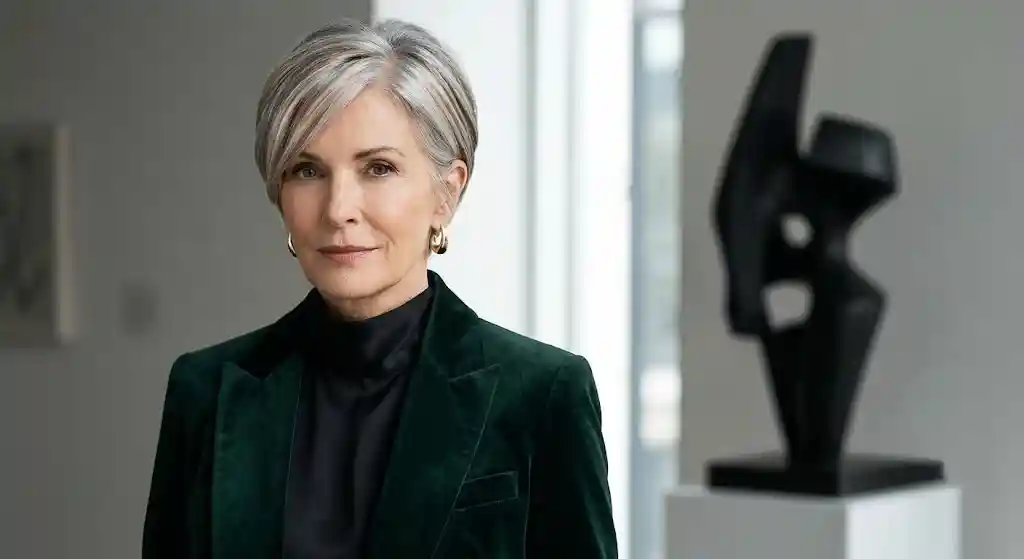 Pixie Cut: Wem steht er wirklich? Auch für mollige Frauen & ab 60 mit Brille Pixie Cut in natürlichem Grau mit scharf gearbeiteter Nackenkontur und Glanz