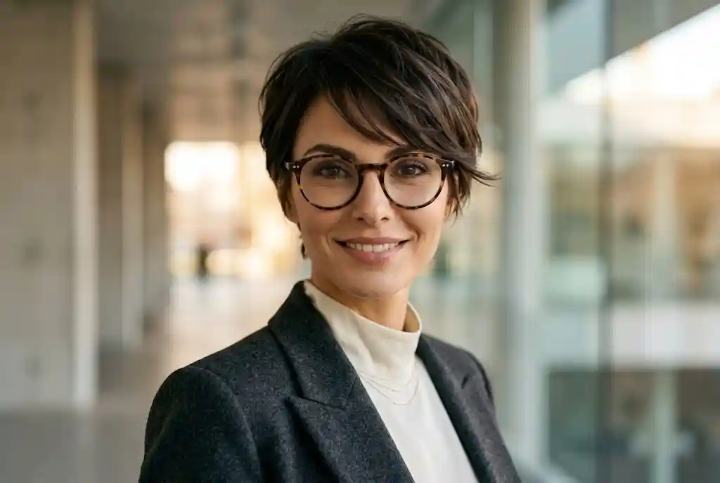 Pixie Cut: Wem steht er wirklich? Auch für mollige Frauen & ab 60 mit Brille Pixie Cut mit kurzem Fransenpony, Kante über 12 mm oberhalb der Fassungsoberkante